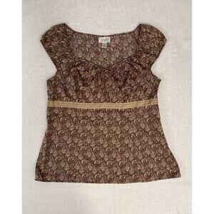 Loft Brown Paisley Floral Cap Sleeve Blouse Size 16 Peasant Boho Shabby Chic